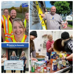 Several photos of members of RIS staff volunteering or giving to charities, including highway clean up, building and maintaining houses in the community, donating monetary funds, and collecting food for food pantries..