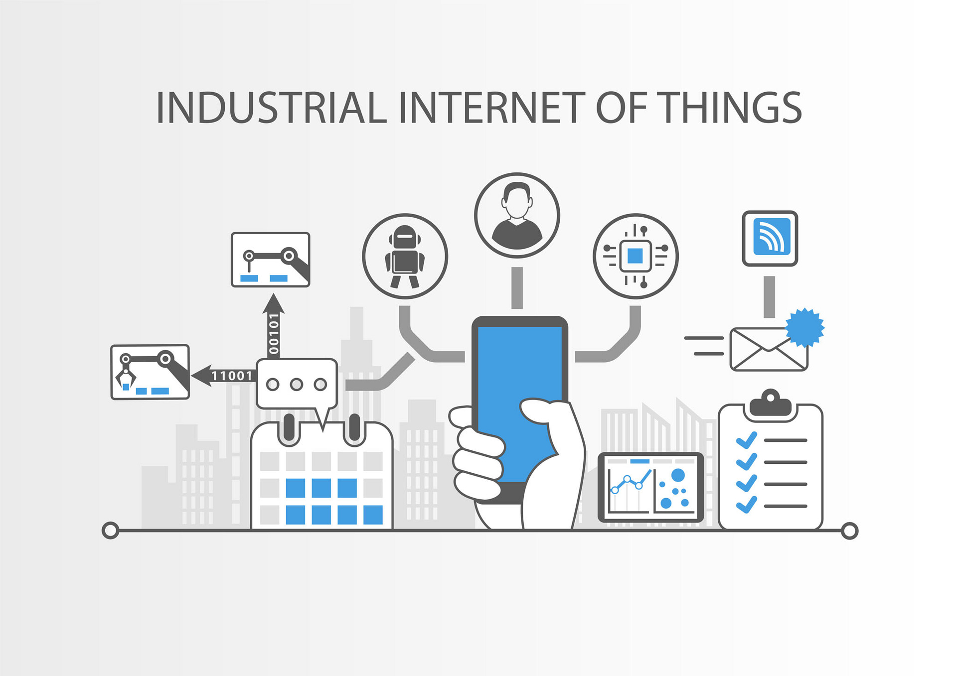 Industrial internet of things or industry 40 concept with simple icons on grey background